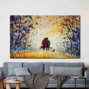 Paar sitzt unter Bäumen Gemälde, romantisches paar Leinwand Kunst, Herbst Landschaft Wandkunst, Herbst gedruckt, romantisches Paar Leinwand Kunst,