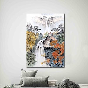 Waterfall Landscape Painting, Tree View Printed, Landscape Canvas, View Canvas, Waterfall Poster, Abstract Waterflla Canvas,
