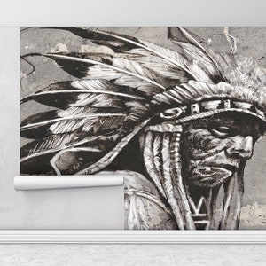 Decoración de pared de indio americano, papel de pared 3d, papel de pared brillante, papel de pared moderno, arte de pared nativo americano, cartel de pared moderno,