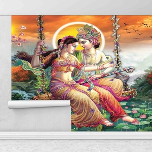 Reproduktion Wandbild, Radha Krishna Wandbild, Hindu Geschenk Wallpaper, Radha Krishna Malerei Wanddekor, überlagerte Papierkunst,