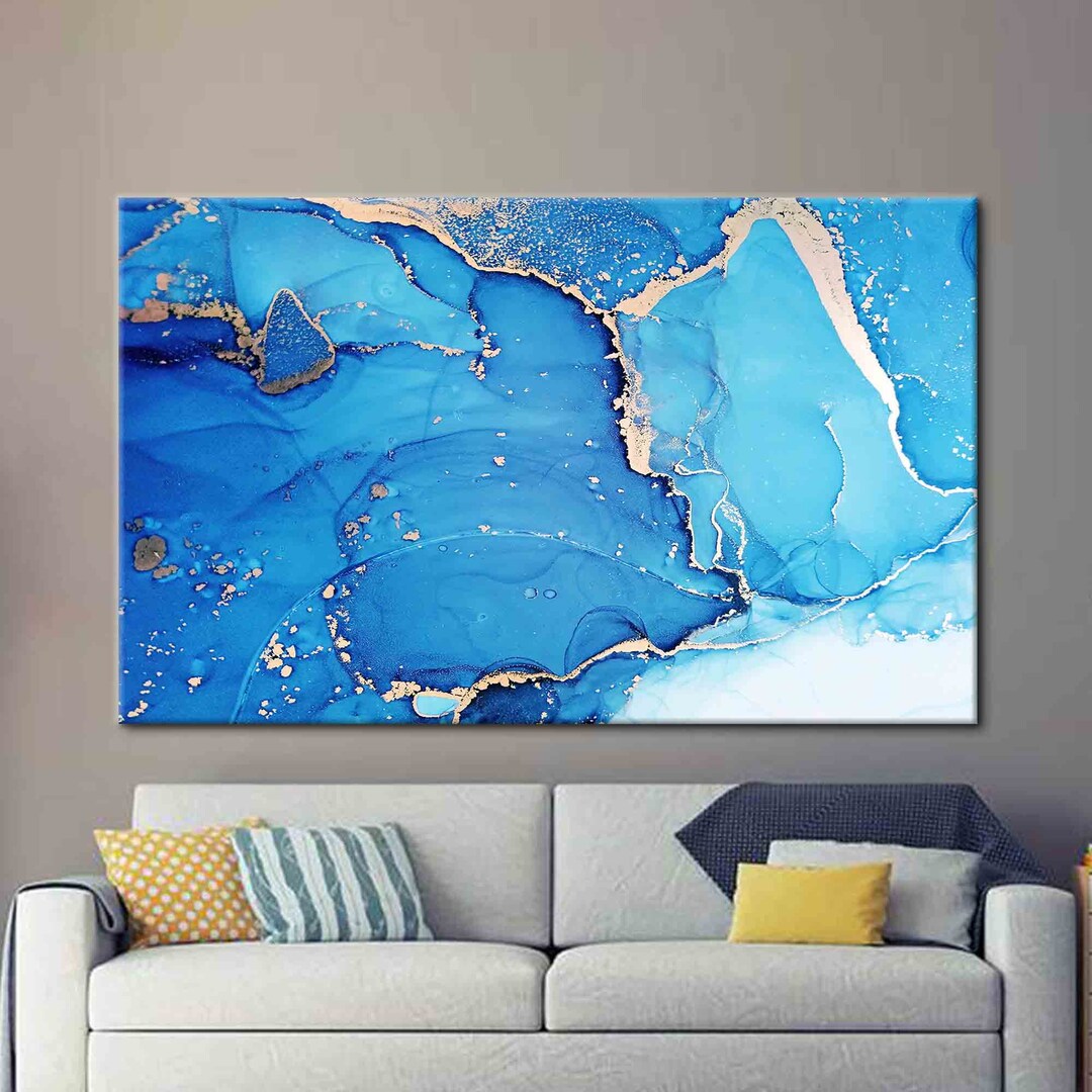 Blue and Silver Marble, Marble Wall Art, Alcohol Ink Wall Decor, Blue