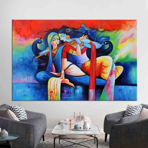 Wall Art, Large Canvas, Wall Decor, Radha Krishna Painting, Hindu Canvas, Famous Art, Hindu Gift Artwork, Reproduction Art,