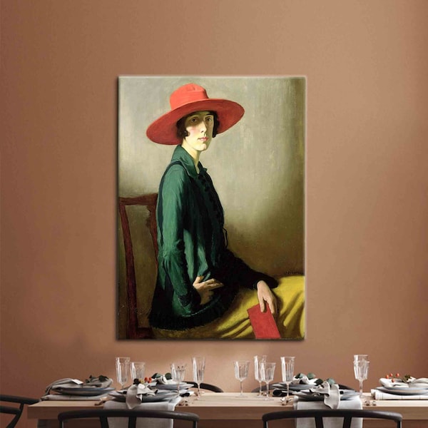 Dama con sombrero rojo, dama con sombrero rojo impreso, reproducción impresa, arte de pared famoso, decoración de pared de mujer, impresión de pintura al óleo,