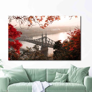 Decoración de pared de paisaje de puente, paisaje de mar impreso, cartel de paisaje marino, cartel de la ciudad, cartel de otoño, arte de hojas rojas, estampado de mar, arte de vista,
