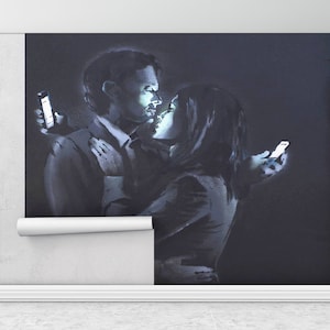 Modern Wall Paper,Banksy Mobile Phone Lovers,Wall Paper Peel and Stick,Phone Graffiti Wall Paper,Paper Wall Art ,Painting Mural,