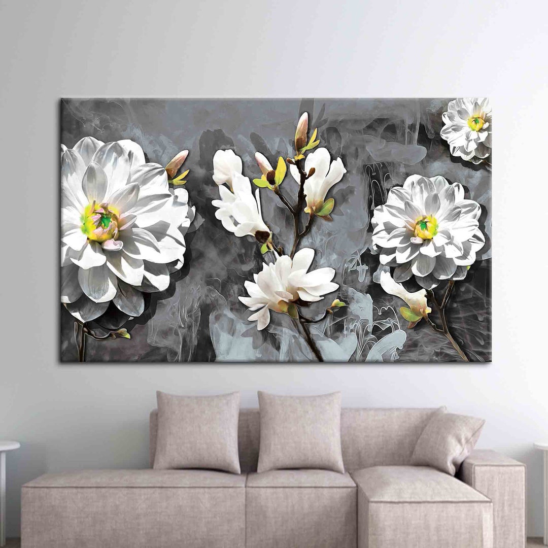White Flowers Wall Decor Oil Painting Print Flower Canvas Etsy