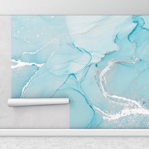 Paper Wall Art, Turquoise Marble Mural, , Modern Wall Decor, Wall Paper Peel and Stick, Bright Wall Paper, Modern Marble Wall Decor,