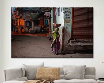 Landscape Art, Woman Art Canvas, African Woman Poster, Woman With Basket On Head Walking Down Street Canvas, View Poster,
