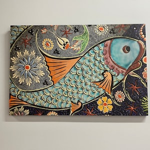 Modern Printed, Animal Artwork, Mosaic Fish Wall Decor, Ceramic Fish Poster, Fish Wall Art, Abatract Fish Printed, Colorful Canvas,