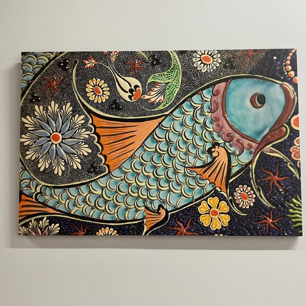 Modern Printed, Animal Artwork, Mosaic Fish Wall Decor, Ceramic Fish Poster, Fish Wall Art, Abatract Fish Printed, Colorful Canvas,