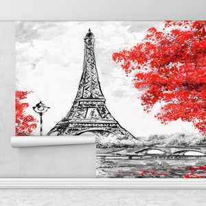 Carta da parati foglie rosse, decorazione della parete di Parigi, carta da parati punto di riferimento, carta da parati della Francia, murale della parete dell'albero rosso, murale di viaggio, murale della città,