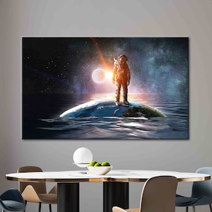 Astronauta en el mar, paisaje espacial impreso, arte de la pared de la tierra, arte de la pared del océano, decoración de la pared del cielo estrellado, lienzo de arte abstracto, cartel del planeta,