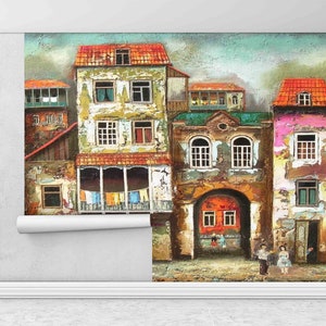 Landscape Mural, Old City Landscape Wall Painting, Abstract Wall Art, Wall Art Decor, Street Silhouette Wall Stickers, Wallpaper Border,