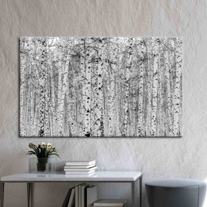 Bosque de abedules, arte de lienzo de vista, arte de pared de paisaje, lienzo de arte de bosque de abedules, impreso en blanco y negro, cartel de paisaje de bosque,