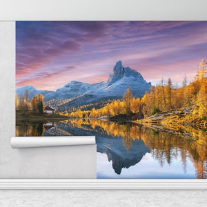 Mural de paisaje, impresión de pared de árbol, papel de pared de vista, papel tapiz de naturaleza, póster de pared de reflexión, papel tapiz de dolomitas, impresión de pared de puesta de sol,