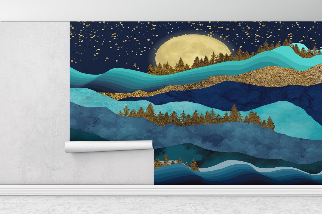 Gold Forest Landscape, Gold Wall Paper, Nature Landscape Wall Painting