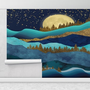 Gold Wald Landschaft, Gold Wand Papier, Natur Landschaft Wandbild, Vollmond Landschaft Wandbild, Himmel Wandbild, Berg Tapete,