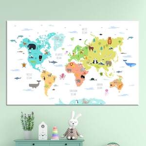 Canvas Decor, Kids Map Wall Art, World Map Canvas Art, Living Room Wall Art, Canvas Wall Art, Animal Map Wall Decor, Children Printed,