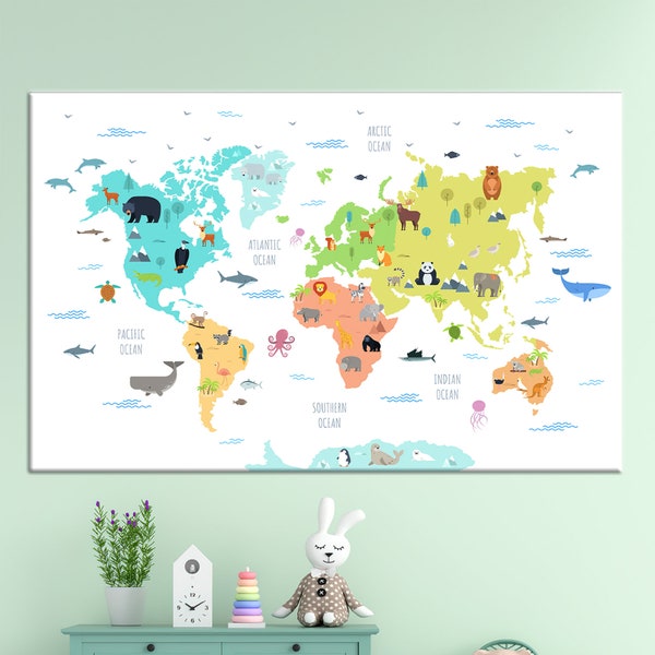 Canvas Decor, Kids Map Wall Art, World Map Canvas Art, Living Room Wall Art, Canvas Wall Art, Animal Map Wall Decor, Children Printed,