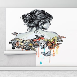 Bright Wall Paper,Girl Wallpaper,Modern Wall Paper,Abstract Wall Art,3d Wall Paper,Girl And Butterflies Drawing,Modern Mural,