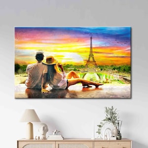 Couple Watching The Eiffel Tower, Eifeel Landscape Wall Art, Sunset Canvas Art, Paris Landscape Canvas, Eiffel Art Canvas,