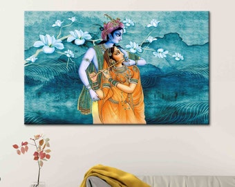 Para hinduska Radha Krishny, indyjski obraz ścienny, hinduski prezent, reprodukcja na płótnie, hinduski wydruk na płótnie, słynna sztuka,