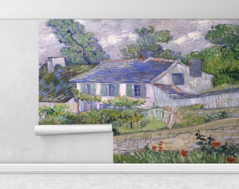 Papel tapiz 3D, pintura mural de Vincent Van Gogh, papel tapiz personalizado, papel tapiz autoadhesivo, casas en Auvers, decoración de pared con paisaje natural.