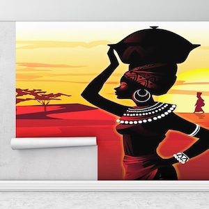 Wall Paper Peel and Stick, African Mural, Girl Wall Painting, Bright Wall Paper, Modern Wall Paper, Woman Wall Poster,