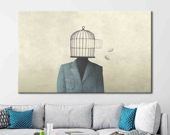 Man With Open Birdcage Over His Head, Surreal Artwork, Surrealism Art Canvas, Abstract Canvas Art, Modern Art Canvas, Birdcage Printed,