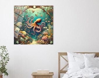 Seascape Wall Art, Octopus Glass Art, Mural Art, Framed Wall Art, Underwater Wall Hanging, Animal Wall Hanging, Kitchen Decor,