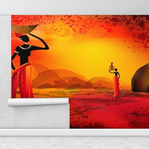 Paper Wall Art, African Landscape Wall Decor, , Bright Wall Paper, African Wall Decor, Modern Wall Paper, Black Woman Mural,