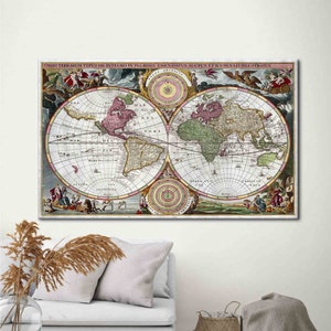 Vintage World Map Wall Decor, Vecchia mappa stampata, Vintage Map Canvas, Una nuova mappa del mondo stampata, School Canvas Art,