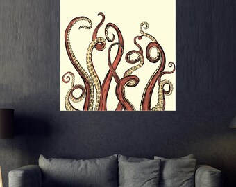 Canvaskunst octopustentakel, nautisch zeedier muurdecoratie, vintage oceaanillustratie voor kust- en zeeinterieur