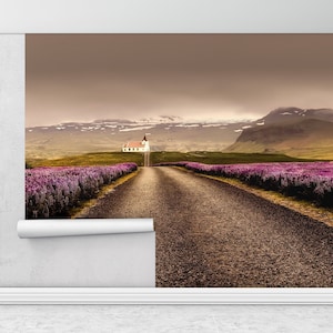 Rainy Day Wall Poster, Cloudy Weather Wall Poster, Flowers Field Road Wall Decor, Pink Flowers Wall Painting, Roadside Wall Decor,