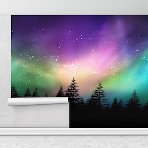 Mural del cielo, Mural de la pared de la naturaleza, Pintura de la pared del árbol, Pintura de la pared de la aurora boreal, Arte de la pared del cielo estrellado, Decoración de la pared de la luz del norte,