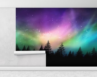 Sky Mural, Nature Wall Mural, Tree Wall Painting, Aurora Borealis Wall Painting, Starry Sky Wall Art, Northern Light Wall Decor,