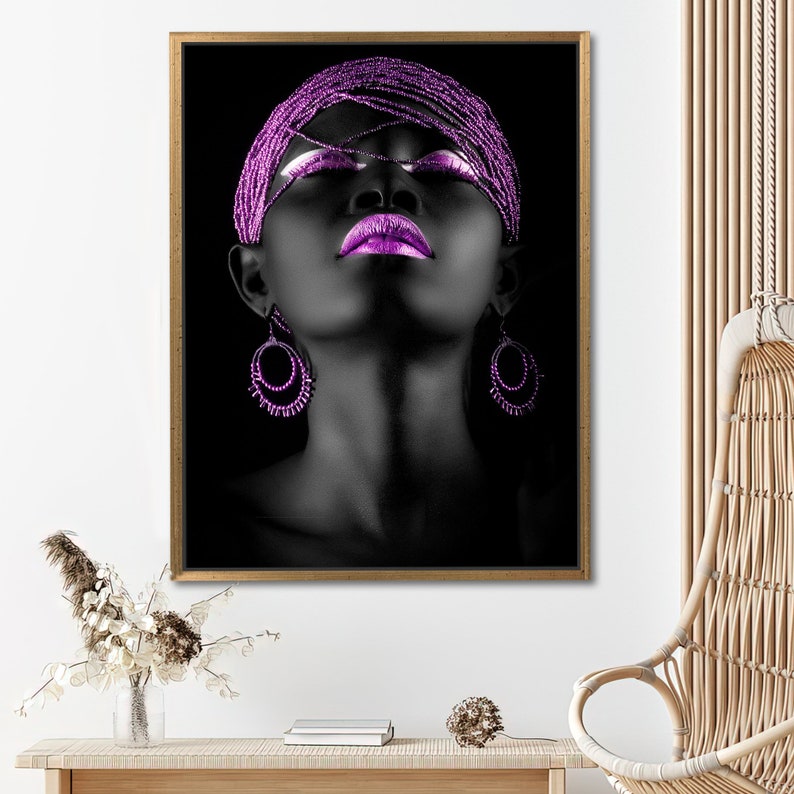 Shimmery Canvas, African Woman Art, Purple Lip Artwork, Luxury Wall Art, Purple And Black Art Canvas, Ethnic Artwork, image 4