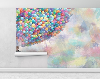 May include: A colorful watercolor background with a house attached to a large cluster of balloons, partially peeled off the wall.