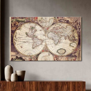 Vintage World Map Wall Art, Vintage Map Printed, Map Printed, School Canvas Art, Classroom Wall Art, Old Map Canvas, World Map Canvas Art,