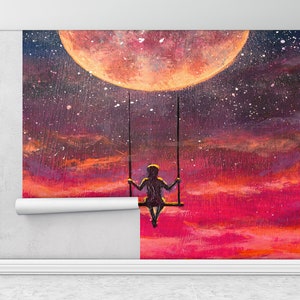 Ragazza oscillante su un'altalena sulla luna piena, carta da parati luna rossa, murale murale colorato astratto, stampa murale lunare astratta, murale luna piena,