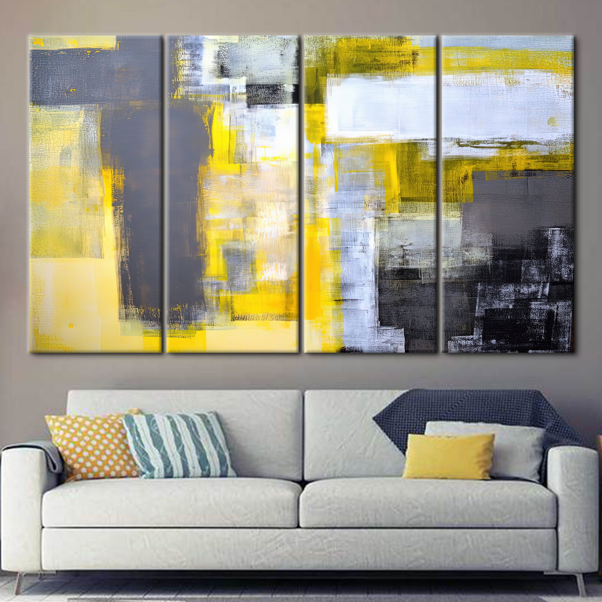 Yellow and Gray Painting Trendy Art Minimal Canvas Modern Etsy