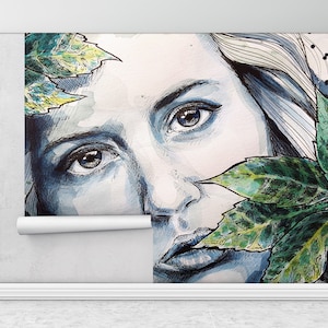 Contemporary Wall Paper,Custom Wall Paper,Modern Wall Paper,Bright Wall Paper,Woman Face Wall Art,Woman And Leaves Wallpaper,