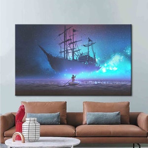 Starry Printed, Starry Sky Poster, Seascap Modern Art Canvas, Abstract Boat Printed, Surrealist Wall Art, Surrealism Art Canvas,