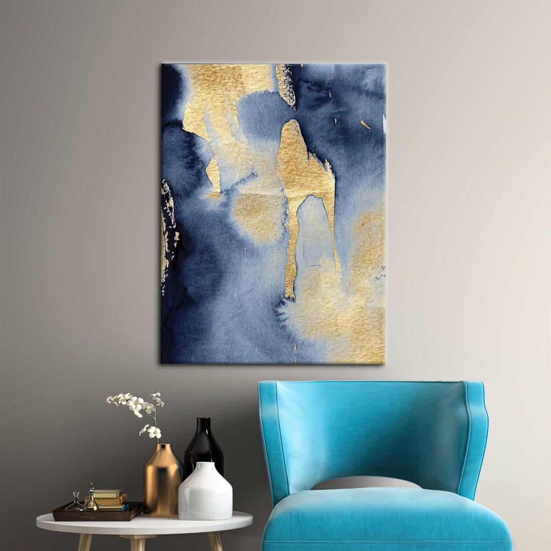 Blue and Gold Painting, Abstract Canvas, Shimmery Printed, Modern