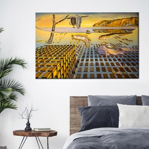 May include: A surrealist painting featuring a melting clock, a tree branch, and a grid of rectangular blocks. The painting is in a yellow, brown, and blue colour scheme.