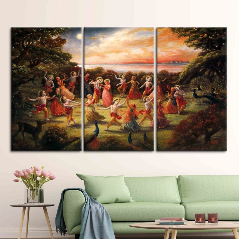 Rasa lila-dans van Radha Krishna, Radha Krishna-kunstcanvas, beroemd kunstwerk, hindoecadeau gedrukt, poster Radha Krisna-dans, afbeelding 3
