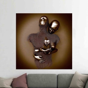 3d Couple Wall Art, Hugging Metallic Couple Printed, Canvas, Modern Canvas Art, 3D Canvas Decor, Printable Wall Art, Wall Hanging Canvas,
