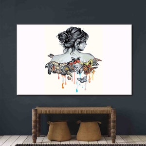 Dibujo de niña y mariposas, arte de pared de mujer, arte abstracto, decoración de pared de mujer abstracta, cartel de niña, arte de lienzo de mariposa, impreso moderno,