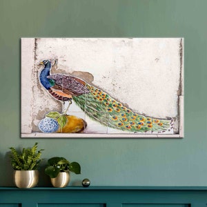 Peacock, Animal Canvas, Peacock Mosaic Wall Art, 3d Effect Artwork, Peacock Lover Gift Canvas Art, Old Plaster Canvas Art,