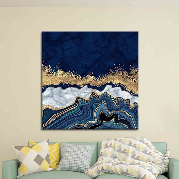 Navy Blue Marble Wall Art Luxury Marble Canvas Art Abstract Etsy
